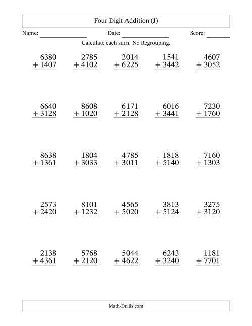 The Four-Digit Addition With No Regrouping – 25 Questions (J) Math Worksheet