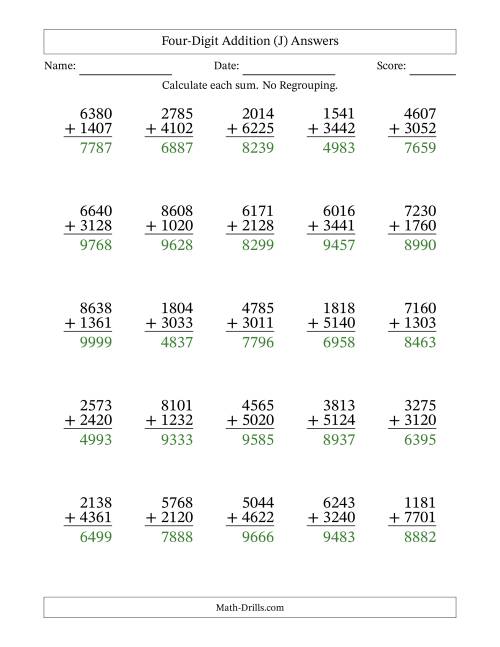The Four-Digit Addition With No Regrouping – 25 Questions (J) Math Worksheet Page 2
