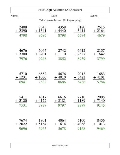 The Four-Digit Addition With No Regrouping – 25 Questions (All) Math Worksheet Page 2