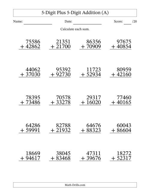 The 5-Digit Plus 5-Digit Addition With Some Regrouping (20 Questions) (A) Math Worksheet