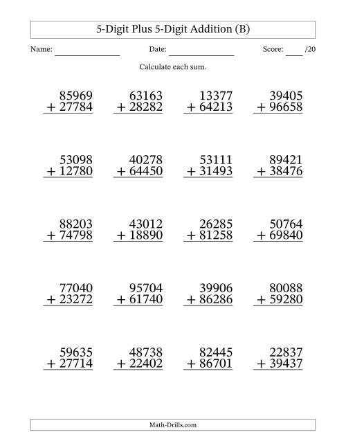 The 5-Digit Plus 5-Digit Addition With Some Regrouping (20 Questions) (B) Math Worksheet