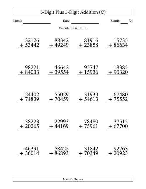 The 5-Digit Plus 5-Digit Addition With Some Regrouping (20 Questions) (C) Math Worksheet
