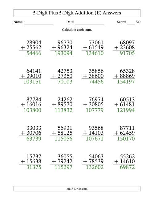 The 5-Digit Plus 5-Digit Addition With Some Regrouping (20 Questions) (E) Math Worksheet Page 2