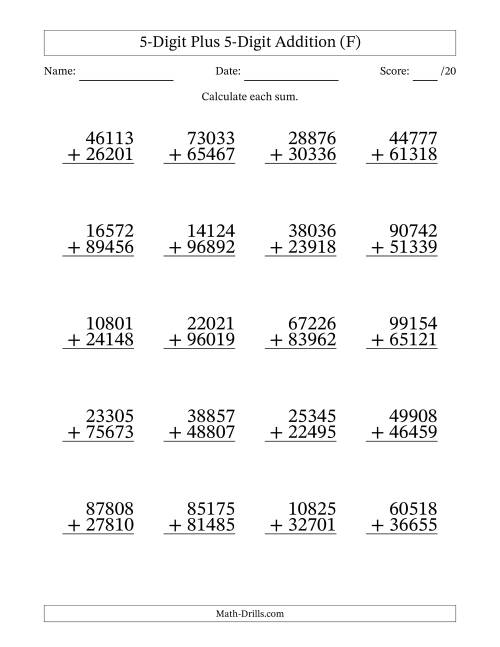 The 5-Digit Plus 5-Digit Addition With Some Regrouping (20 Questions) (F) Math Worksheet
