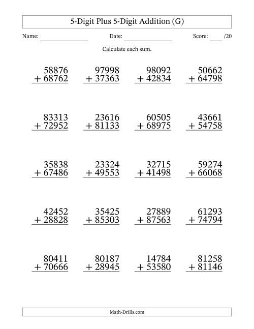 The 5-Digit Plus 5-Digit Addition With Some Regrouping (20 Questions) (G) Math Worksheet