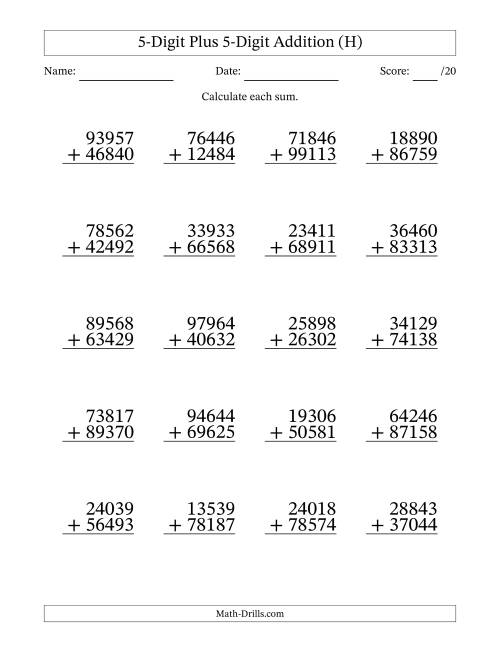 The 5-Digit Plus 5-Digit Addition With Some Regrouping (20 Questions) (H) Math Worksheet