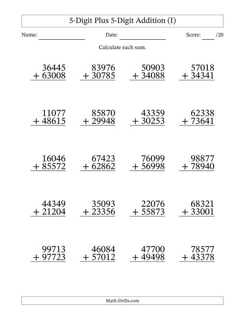 The 5-Digit Plus 5-Digit Addition With Some Regrouping (20 Questions) (I) Math Worksheet