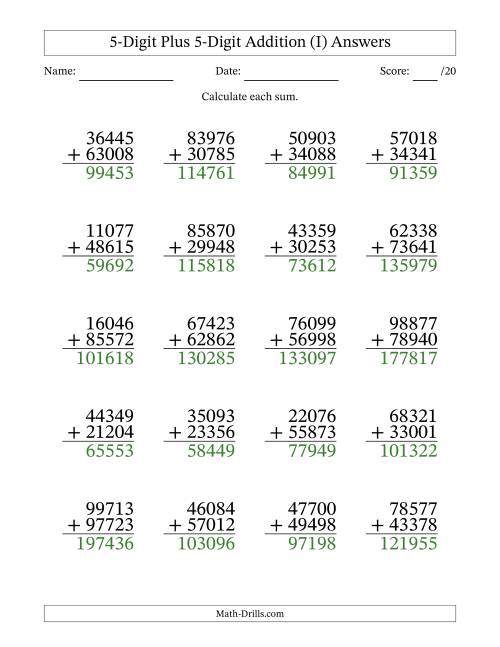 The 5-Digit Plus 5-Digit Addition With Some Regrouping (20 Questions) (I) Math Worksheet Page 2