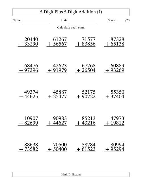 The 5-Digit Plus 5-Digit Addition With Some Regrouping (20 Questions) (J) Math Worksheet