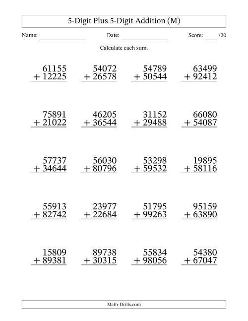The 5-Digit Plus 5-Digit Addition With Some Regrouping (20 Questions) (M) Math Worksheet