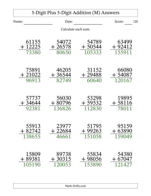 The 5-Digit Plus 5-Digit Addition With Some Regrouping (20 Questions) (M) Math Worksheet Page 2