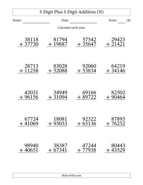 The 5-Digit Plus 5-Digit Addition With Some Regrouping (20 Questions) (N) Math Worksheet
