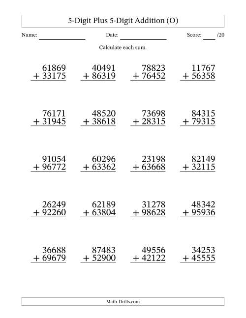 The 5-Digit Plus 5-Digit Addition With Some Regrouping (20 Questions) (O) Math Worksheet