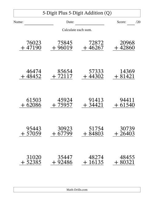 The 5-Digit Plus 5-Digit Addition With Some Regrouping (20 Questions) (Q) Math Worksheet