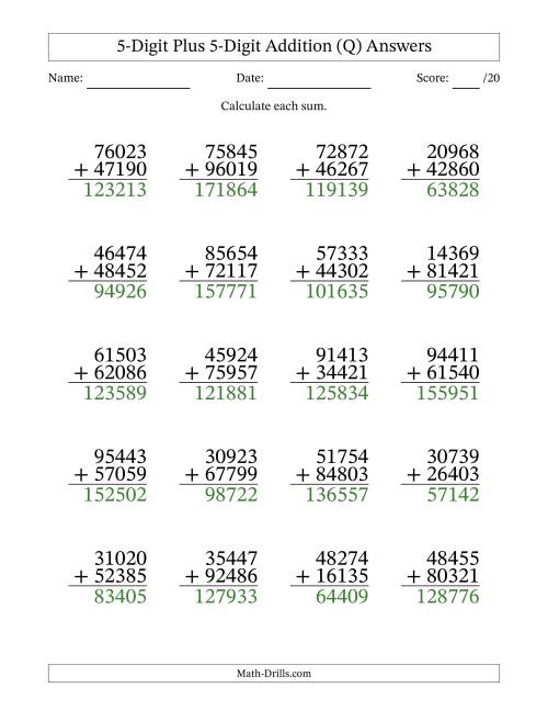 The 5-Digit Plus 5-Digit Addition With Some Regrouping (20 Questions) (Q) Math Worksheet Page 2