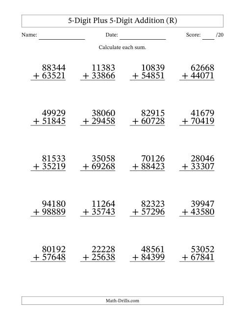 The 5-Digit Plus 5-Digit Addition With Some Regrouping (20 Questions) (R) Math Worksheet