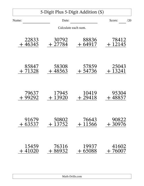 The 5-Digit Plus 5-Digit Addition With Some Regrouping (20 Questions) (S) Math Worksheet