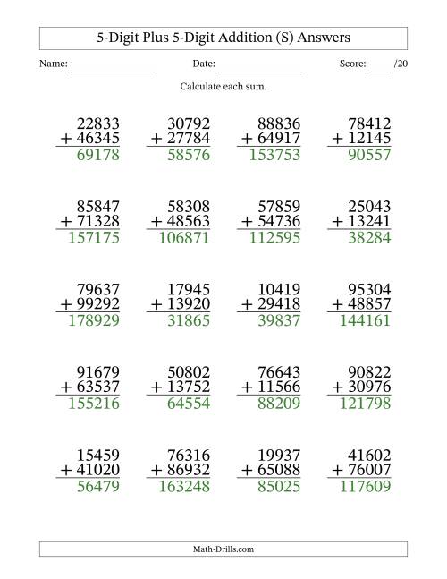 The 5-Digit Plus 5-Digit Addition With Some Regrouping (20 Questions) (S) Math Worksheet Page 2