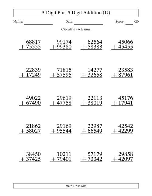 The 5-Digit Plus 5-Digit Addition With Some Regrouping (20 Questions) (U) Math Worksheet