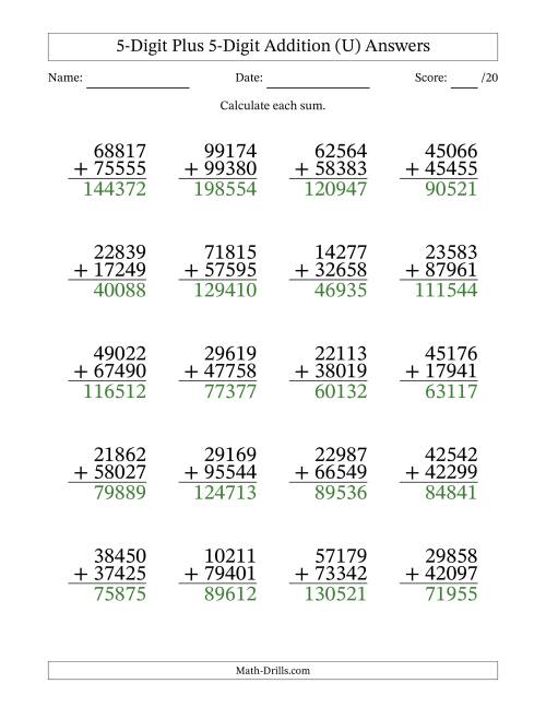 The 5-Digit Plus 5-Digit Addition With Some Regrouping (20 Questions) (U) Math Worksheet Page 2