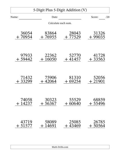 The 5-Digit Plus 5-Digit Addition With Some Regrouping (20 Questions) (V) Math Worksheet
