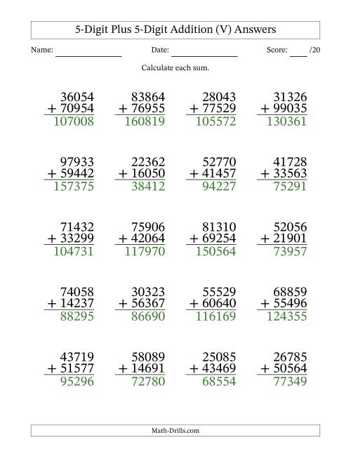 The 5-Digit Plus 5-Digit Addition With Some Regrouping (20 Questions) (V) Math Worksheet Page 2