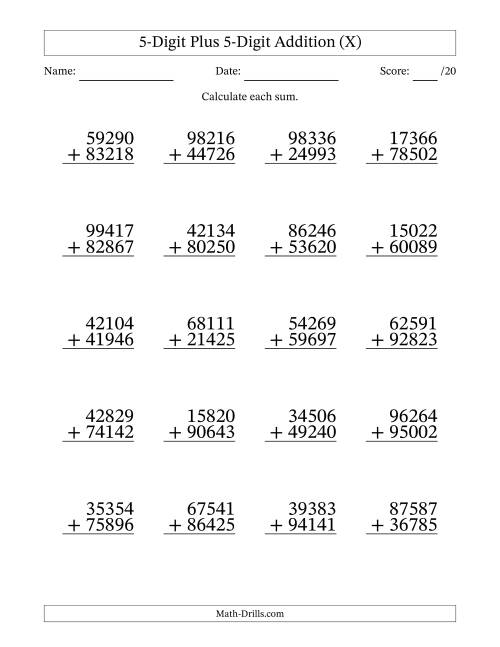The 5-Digit Plus 5-Digit Addition With Some Regrouping (20 Questions) (X) Math Worksheet