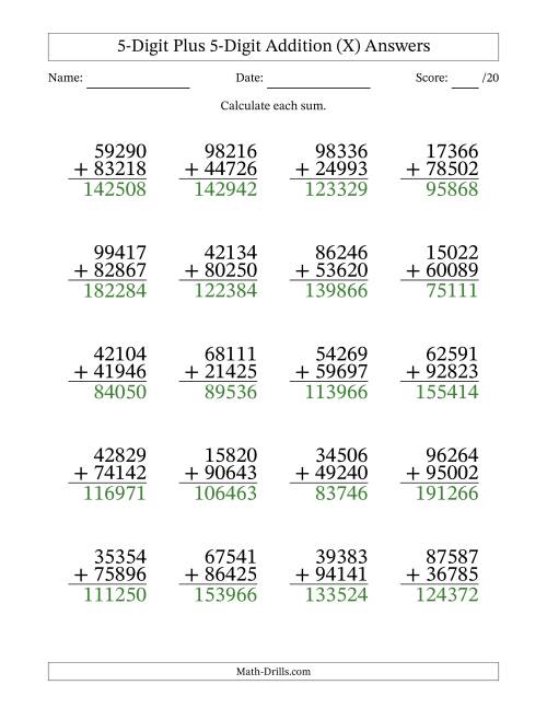 The 5-Digit Plus 5-Digit Addition With Some Regrouping (20 Questions) (X) Math Worksheet Page 2