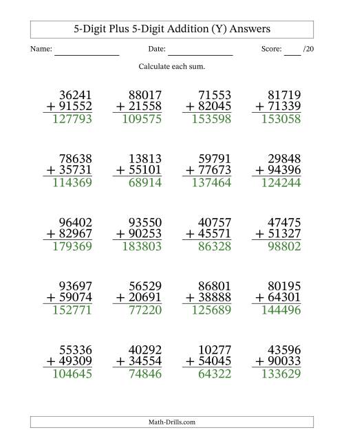 The 5-Digit Plus 5-Digit Addition With Some Regrouping (20 Questions) (Y) Math Worksheet Page 2