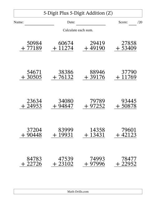 The 5-Digit Plus 5-Digit Addition With Some Regrouping (20 Questions) (Z) Math Worksheet