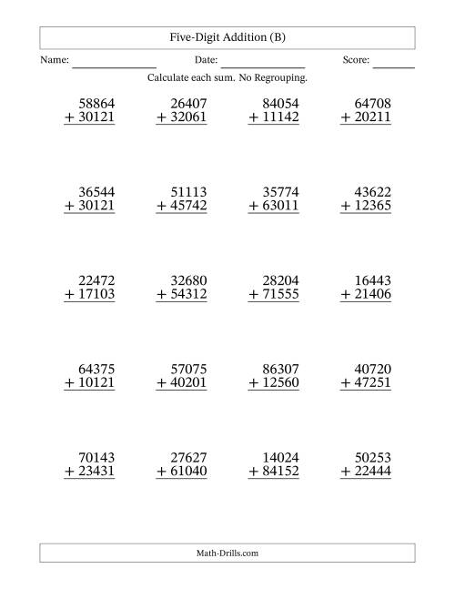 The Five-Digit Addition With No Regrouping – 20 Questions (B) Math Worksheet