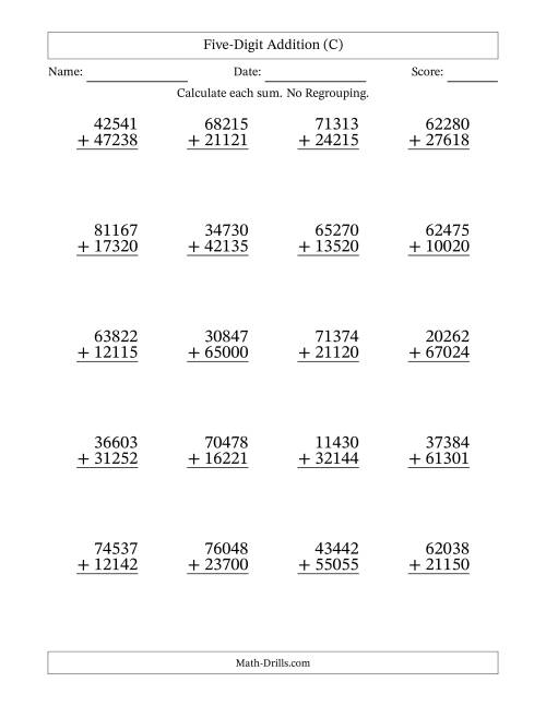 The Five-Digit Addition With No Regrouping – 20 Questions (C) Math Worksheet