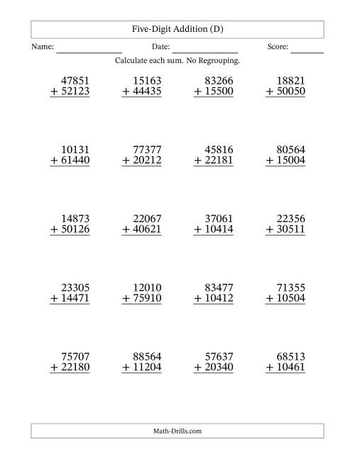 The Five-Digit Addition With No Regrouping – 20 Questions (D) Math Worksheet
