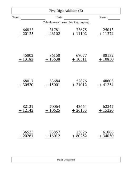 The Five-Digit Addition With No Regrouping – 20 Questions (E) Math Worksheet