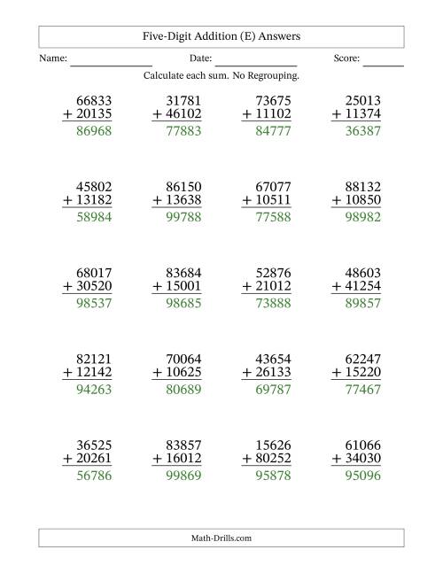The Five-Digit Addition With No Regrouping – 20 Questions (E) Math Worksheet Page 2