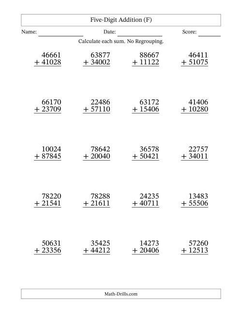The Five-Digit Addition With No Regrouping – 20 Questions (F) Math Worksheet