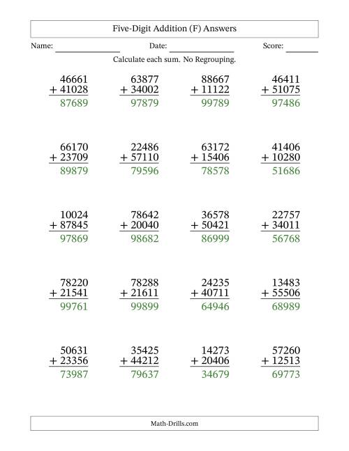The Five-Digit Addition With No Regrouping – 20 Questions (F) Math Worksheet Page 2