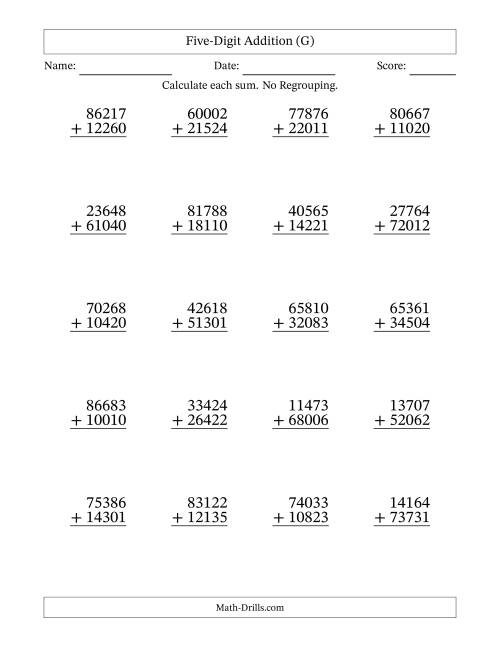 The Five-Digit Addition With No Regrouping – 20 Questions (G) Math Worksheet