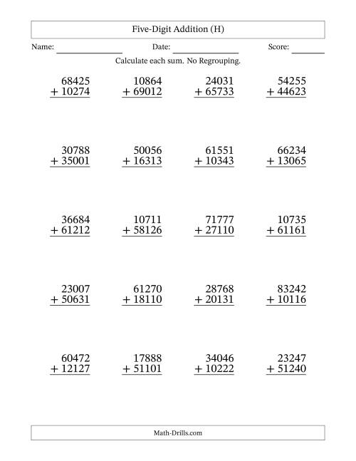 The Five-Digit Addition With No Regrouping – 20 Questions (H) Math Worksheet