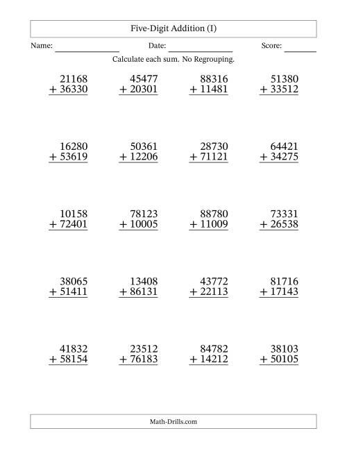 The Five-Digit Addition With No Regrouping – 20 Questions (I) Math Worksheet