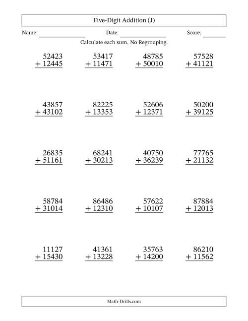 The Five-Digit Addition With No Regrouping – 20 Questions (J) Math Worksheet