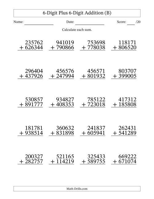 The 6-Digit Plus 6-Digit Addition With Some Regrouping (20 Questions) (B) Math Worksheet
