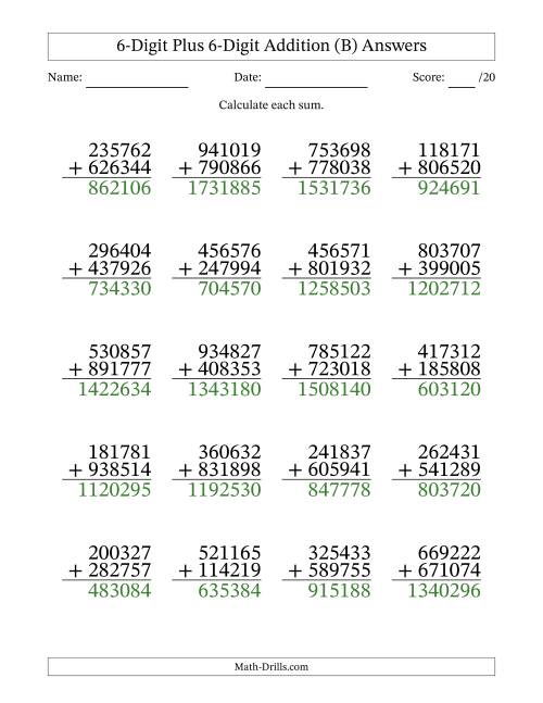 The 6-Digit Plus 6-Digit Addition With Some Regrouping (20 Questions) (B) Math Worksheet Page 2