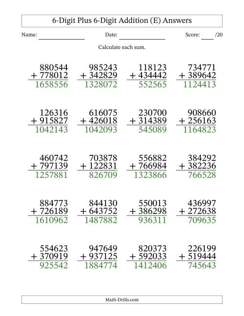 The 6-Digit Plus 6-Digit Addition With Some Regrouping (20 Questions) (E) Math Worksheet Page 2