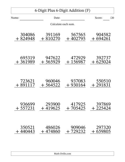 The 6-Digit Plus 6-Digit Addition With Some Regrouping (20 Questions) (F) Math Worksheet