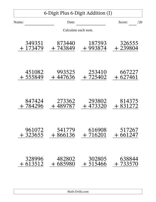 The 6-Digit Plus 6-Digit Addition With Some Regrouping (20 Questions) (I) Math Worksheet
