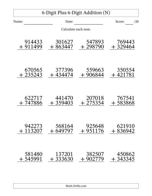 The 6-Digit Plus 6-Digit Addition With Some Regrouping (20 Questions) (N) Math Worksheet