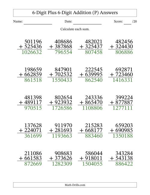The 6-Digit Plus 6-Digit Addition With Some Regrouping (20 Questions) (P) Math Worksheet Page 2