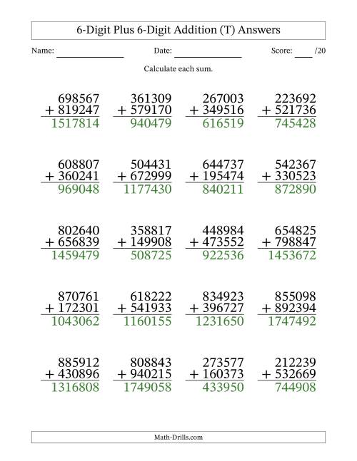 The 6-Digit Plus 6-Digit Addition With Some Regrouping (20 Questions) (T) Math Worksheet Page 2