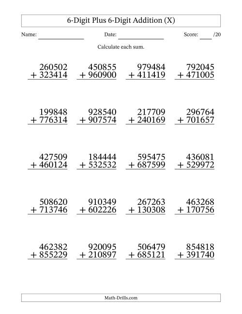 The 6-Digit Plus 6-Digit Addition With Some Regrouping (20 Questions) (X) Math Worksheet